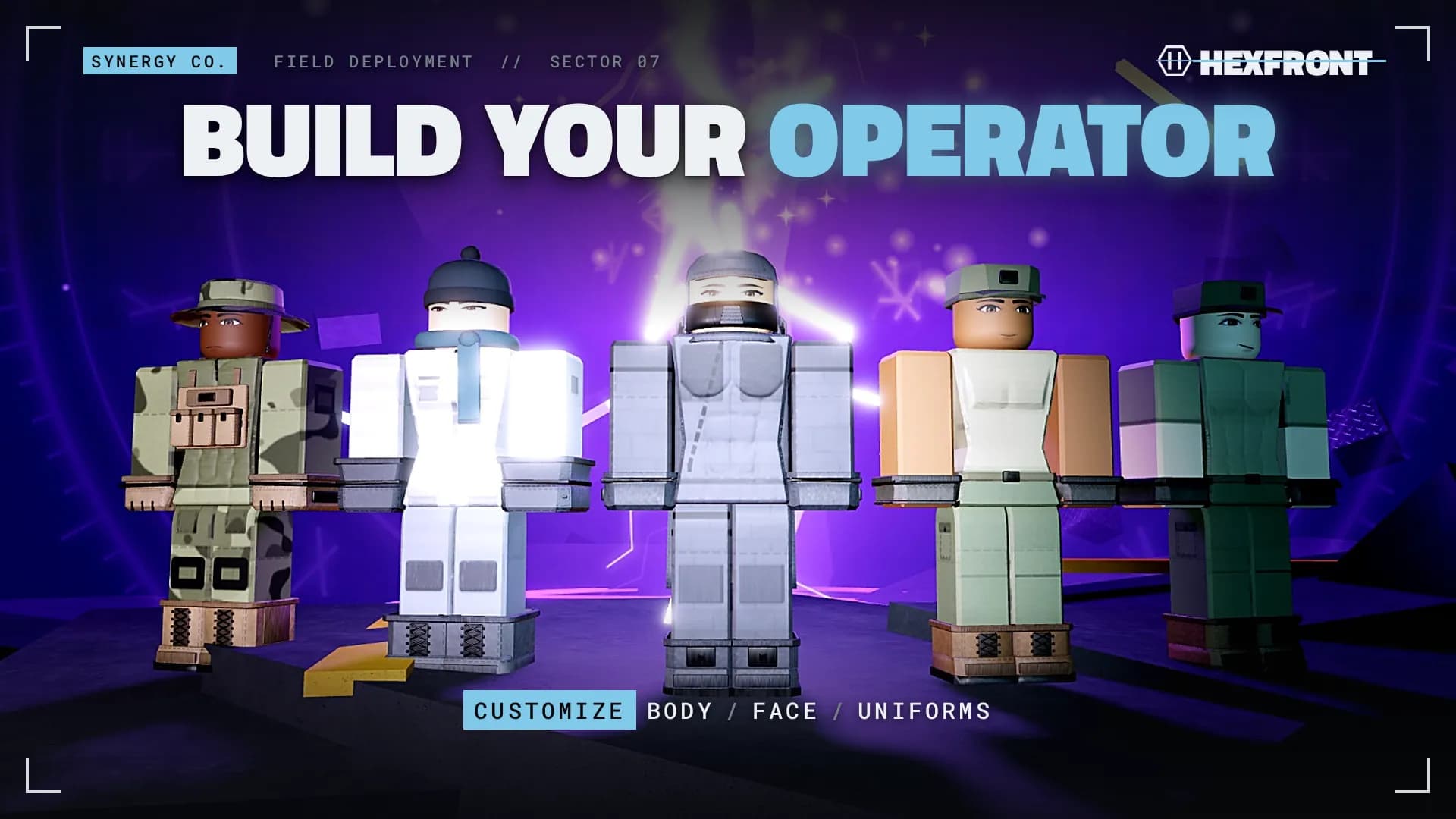 Five customized operators with different uniforms lined up in front of a purple portal, captioned “Build your operator”.