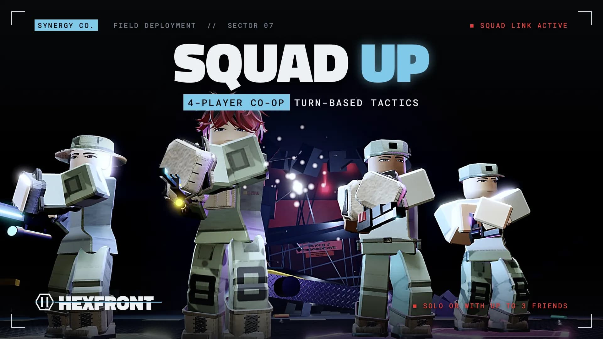 Four HEXFRONT operators in combat gear standing together, with the text “Squad up: 4-player co-op, turn-based tactics”.