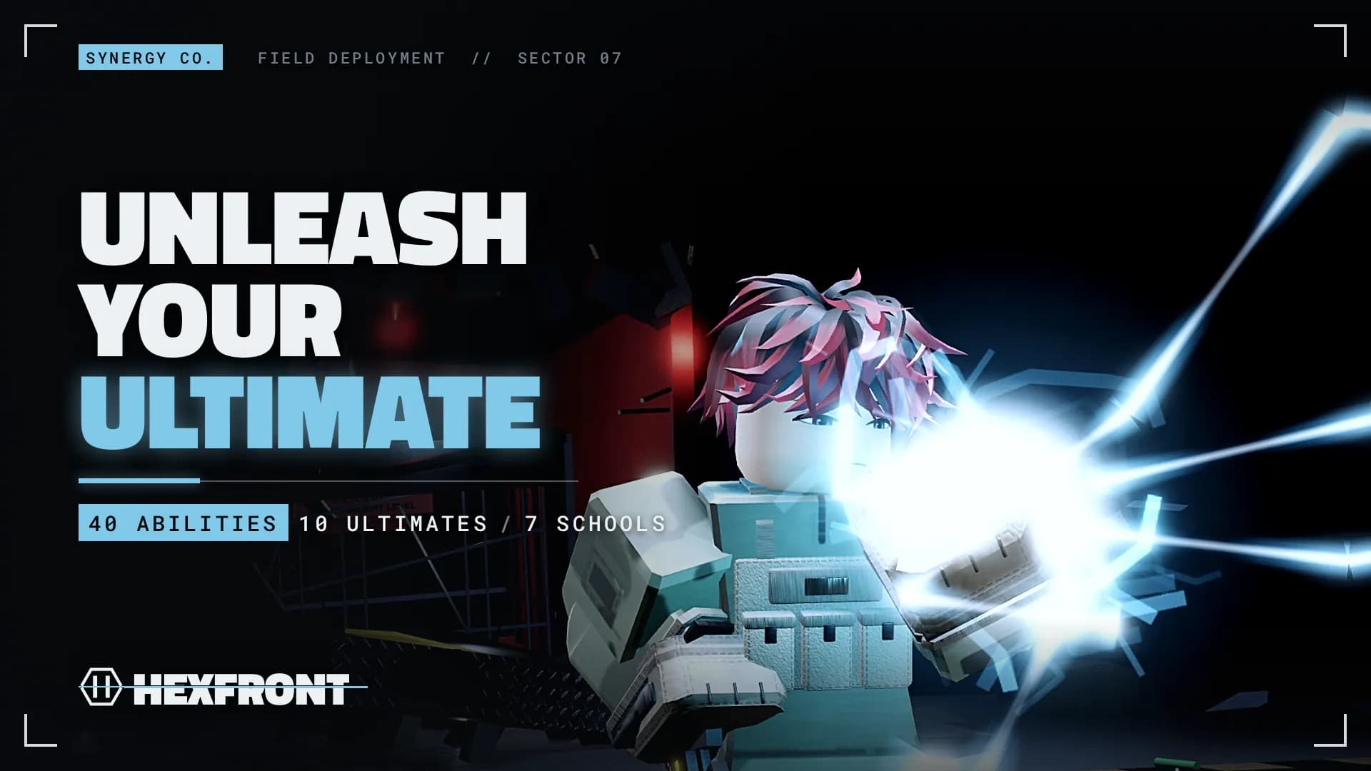 An operator charging a bright blue energy blast, captioned “Unleash your ultimate: 40 abilities, 10 ultimates, 7 schools”.